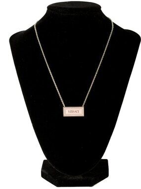 Versace Silver Color Metal Logo Print On Pink Enamel Pendant Necklace
